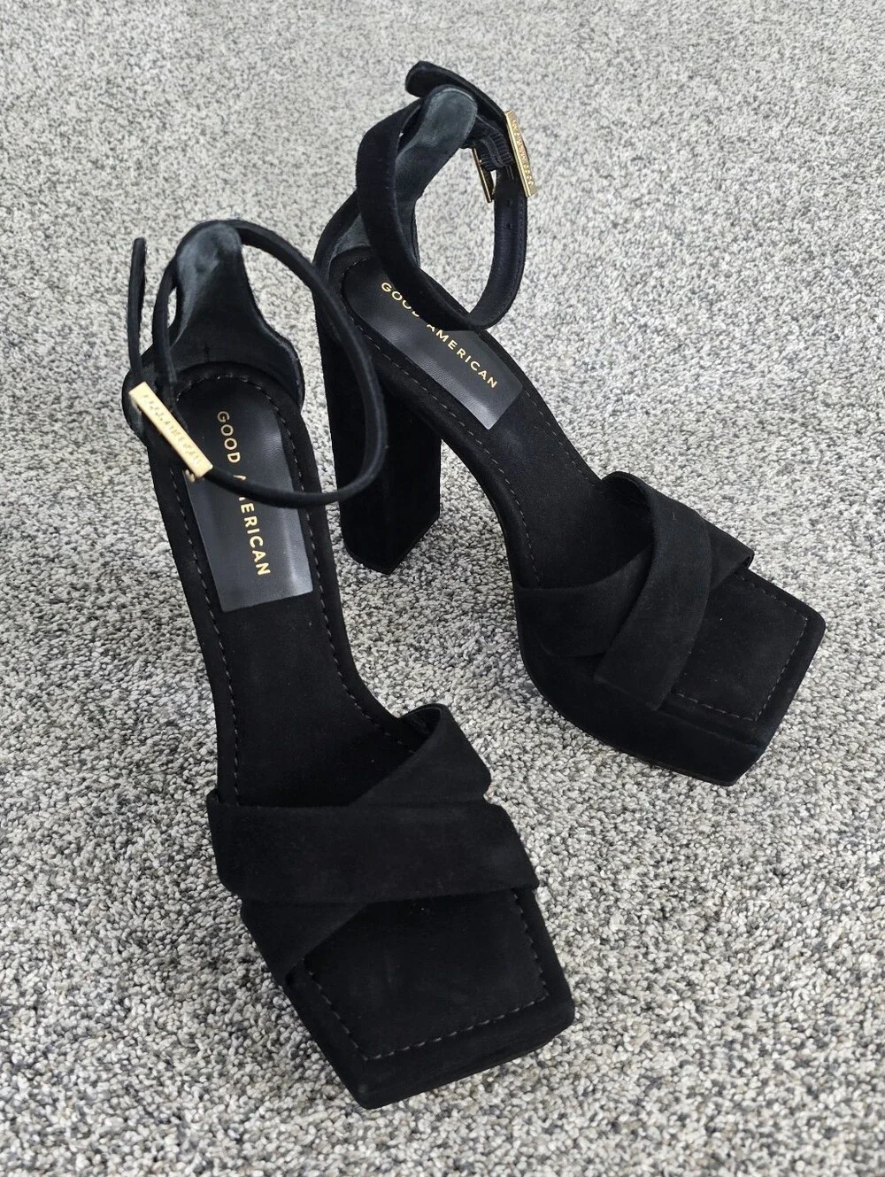 Good American Black Suede Square Toe Platform Ankle Strap Heels